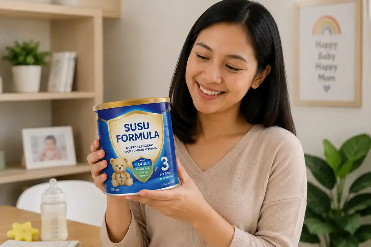Seorang ibu sedang membaca kemasan dan label nutrisi susu formula.