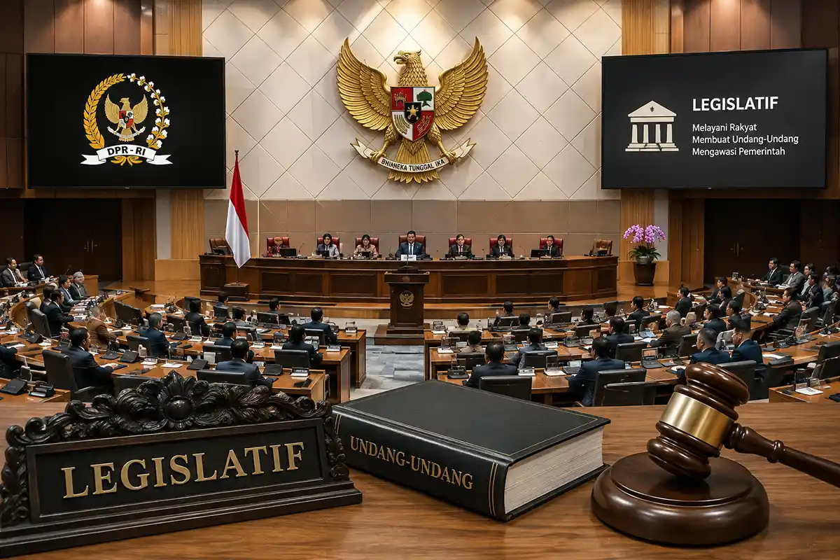 Simbol kekuasaan legislatif, buku undang-undang, dan palu sidang DPR RI.