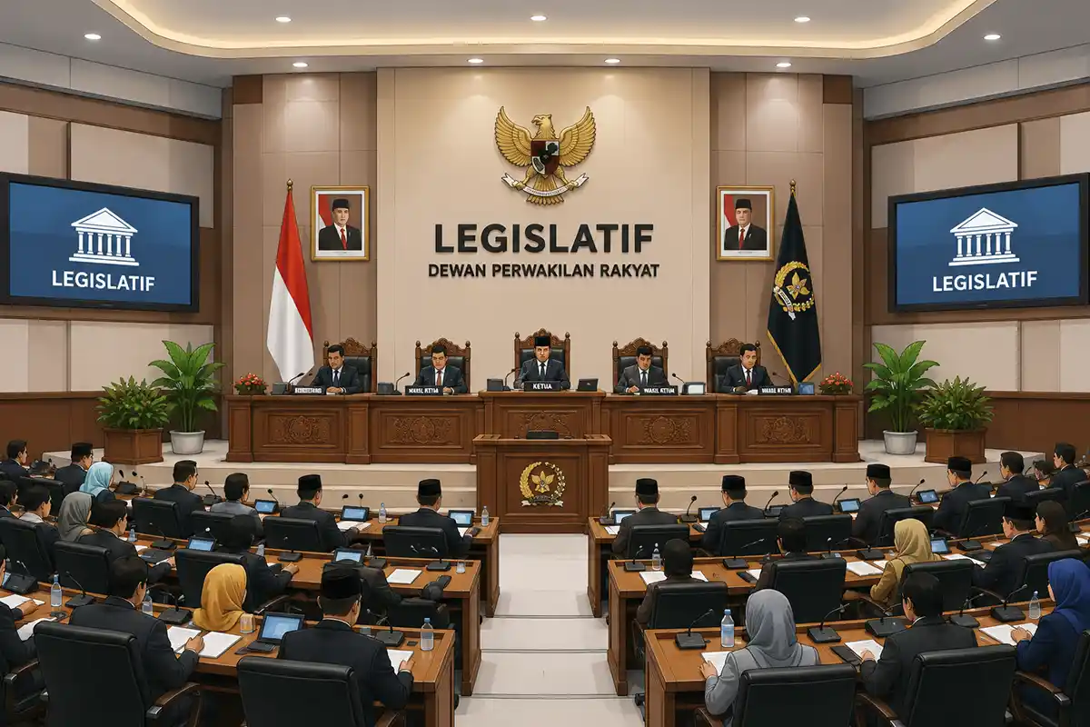 Suasana sidang parlemen anggota DPR dalam rapat kekuasaan legislatif Indonesia.