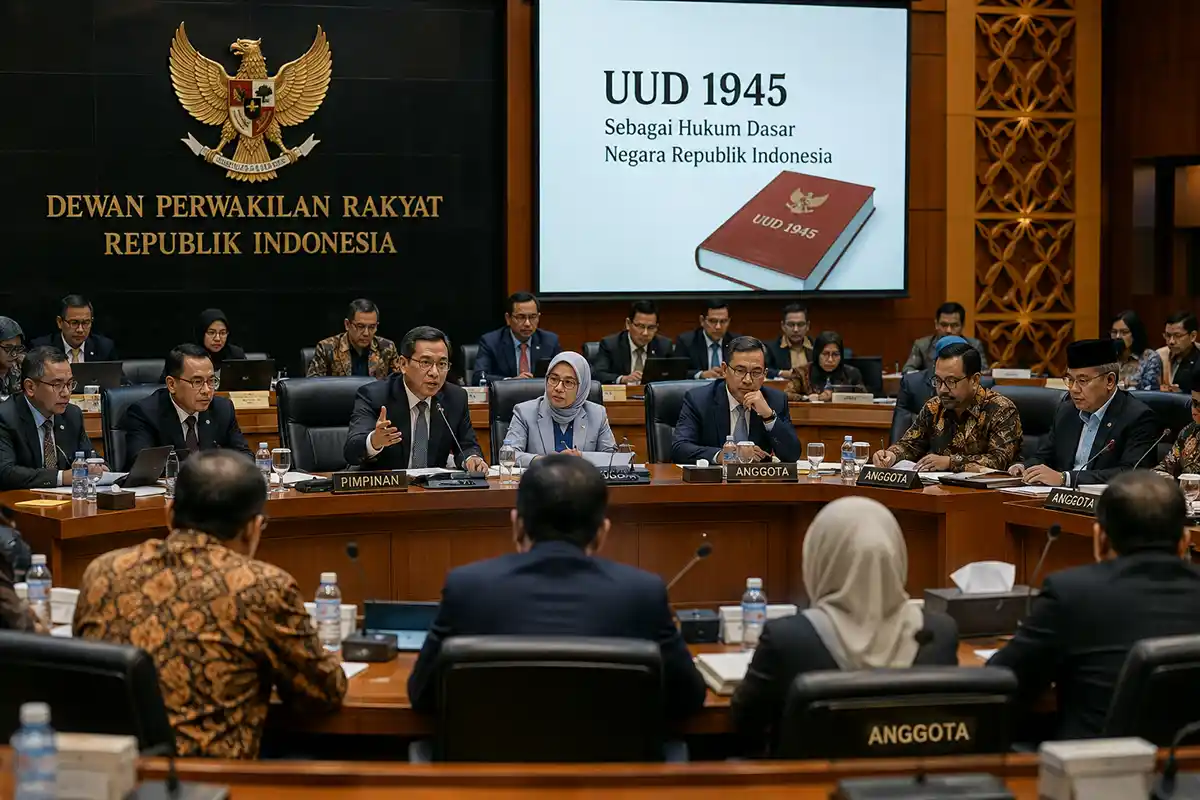 Suasana sidang anggota DPR membahas materi hukum dan UUD 1945.