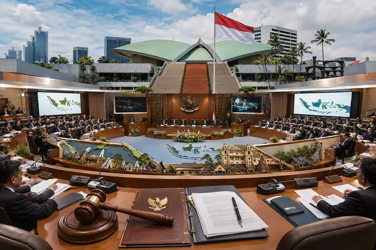 Suasana ruang sidang parlemen di Kompleks Gedung DPR DPD MPR RI Senayan Jakarta.