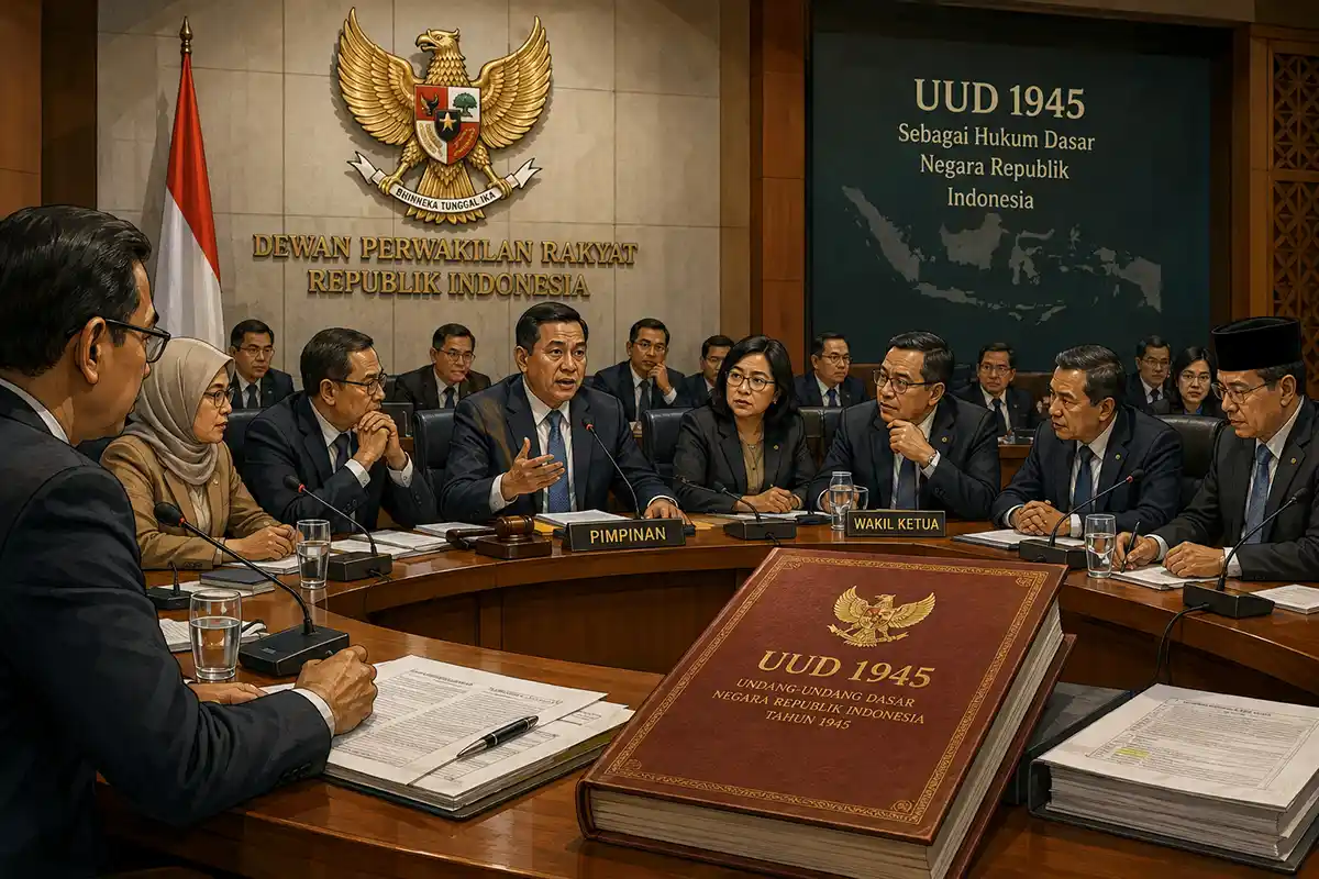 Buku Undang-Undang Dasar 1945 di atas meja rapat sidang ketatanegaraan.