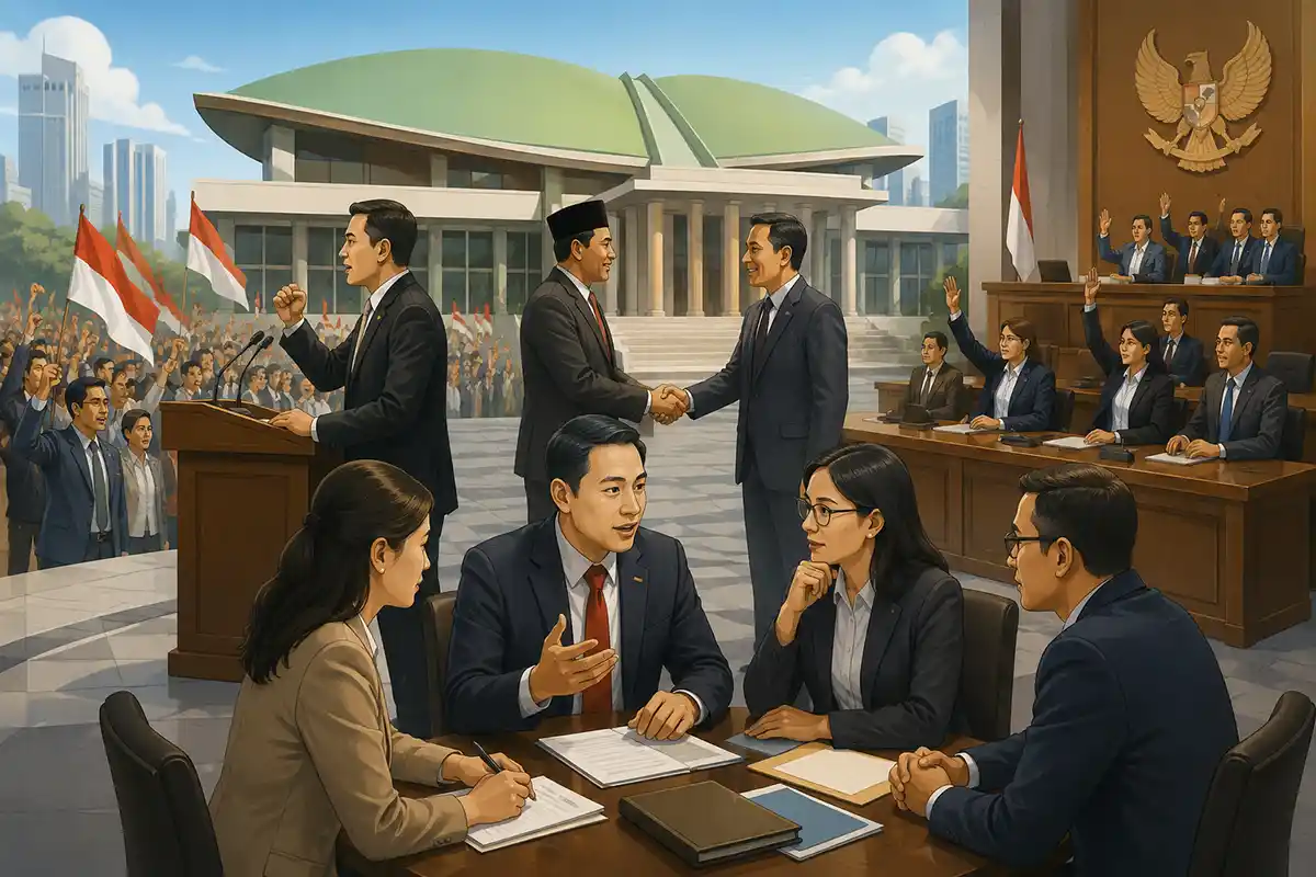 Ilustrasi tata negara dan lembaga pemerintahan dalam sistem pembagian kekuasaan di Indonesia.