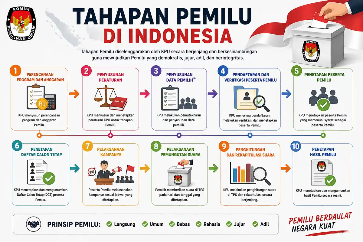 Infografis 10 tahapan pemilu di Indonesia dari perencanaan hingga penetapan hasil.