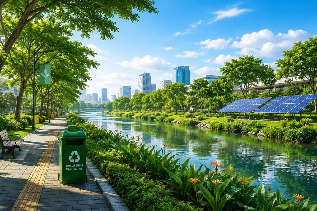 Taman kota yang bersih dan asri dilengkapi tempat sampah daur ulang untuk menjaga kebersihan lingkungan.