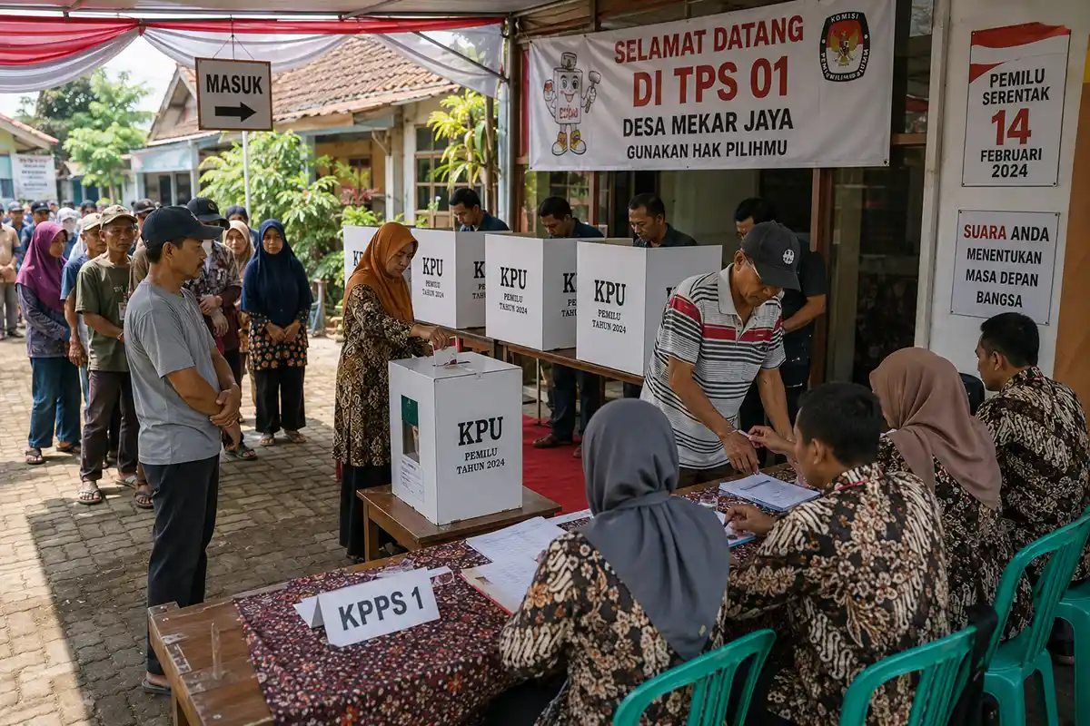 Suasana antrean warga dan petugas KPPS di tempat pemungutan suara (TPS) Pemilu Indonesia.