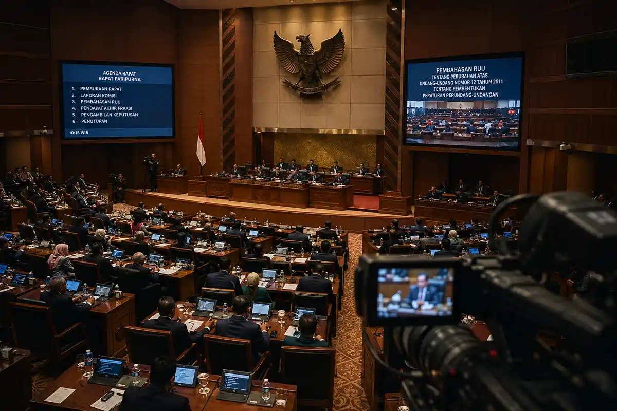 Suasana sidang paripurna DPR RI dalam pembahasan RUU pembentukan peraturan perundang-undangan.