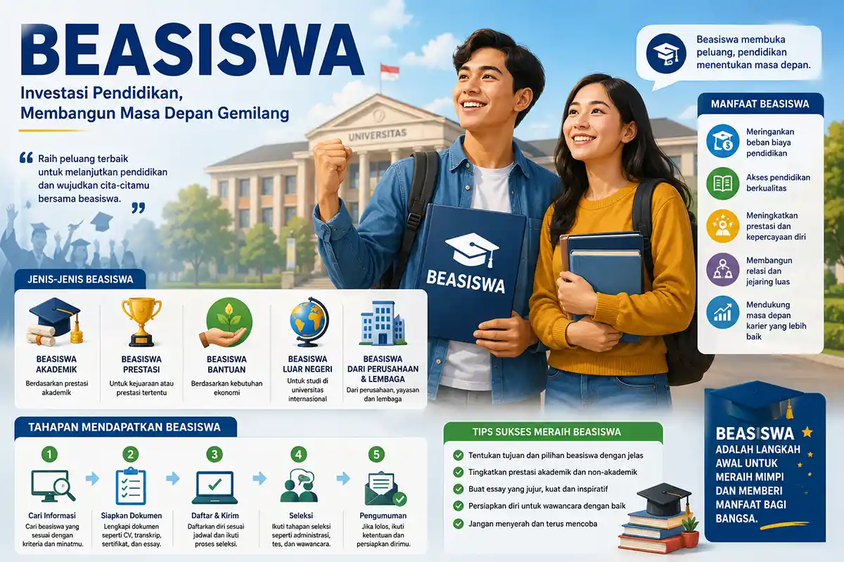 Infografis tips sukses dan tahapan mendapatkan beasiswa.