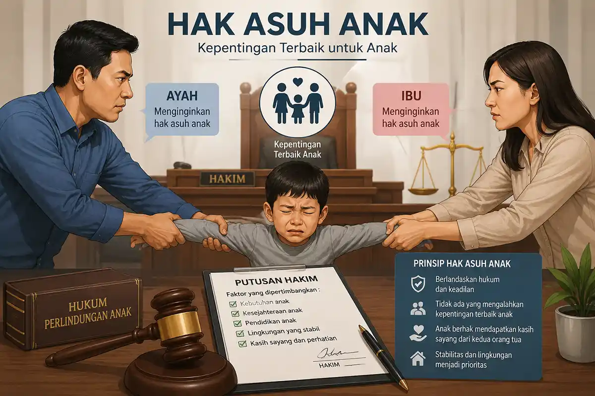 Infografis prinsip dan pertimbangan hakim dalam menentukan hak asuh anak setelah cerai.