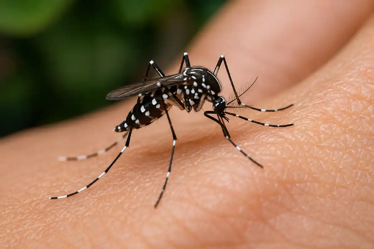 Nyamuk Aedes aegypti dengan corak hitam putih hinggap di kulit manusia.