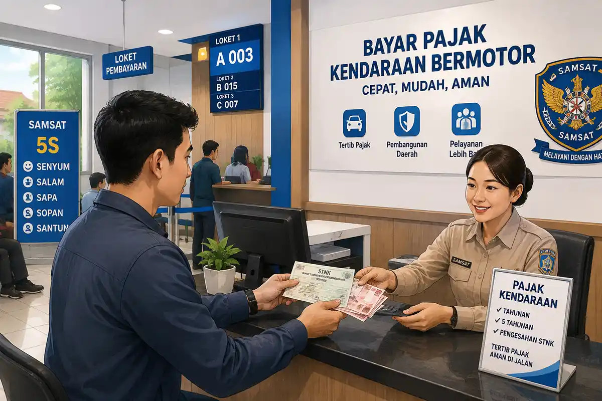 Proses pembayaran pajak kendaraan bermotor di loket SAMSAT Jawa Barat.