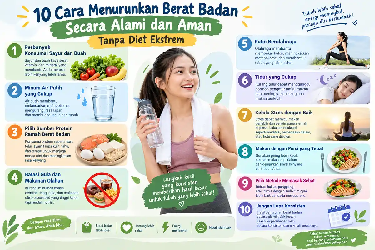 Infografis 10 cara menurunkan berat badan secara alami dan aman tanpa diet ekstrem.