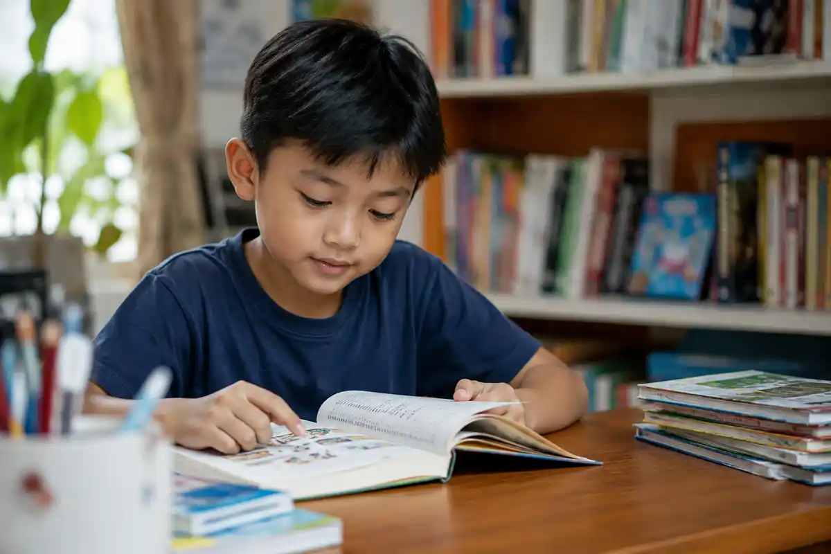 Seorang anak sedang fokus membaca buku di dekat rak buku kamar.