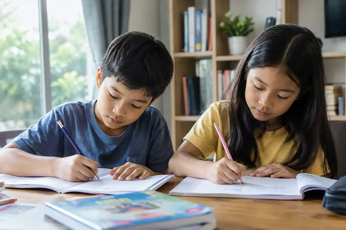 Dua anak sedang fokus menulis dan membaca buku pelajaran bersama di meja belajar rumah.