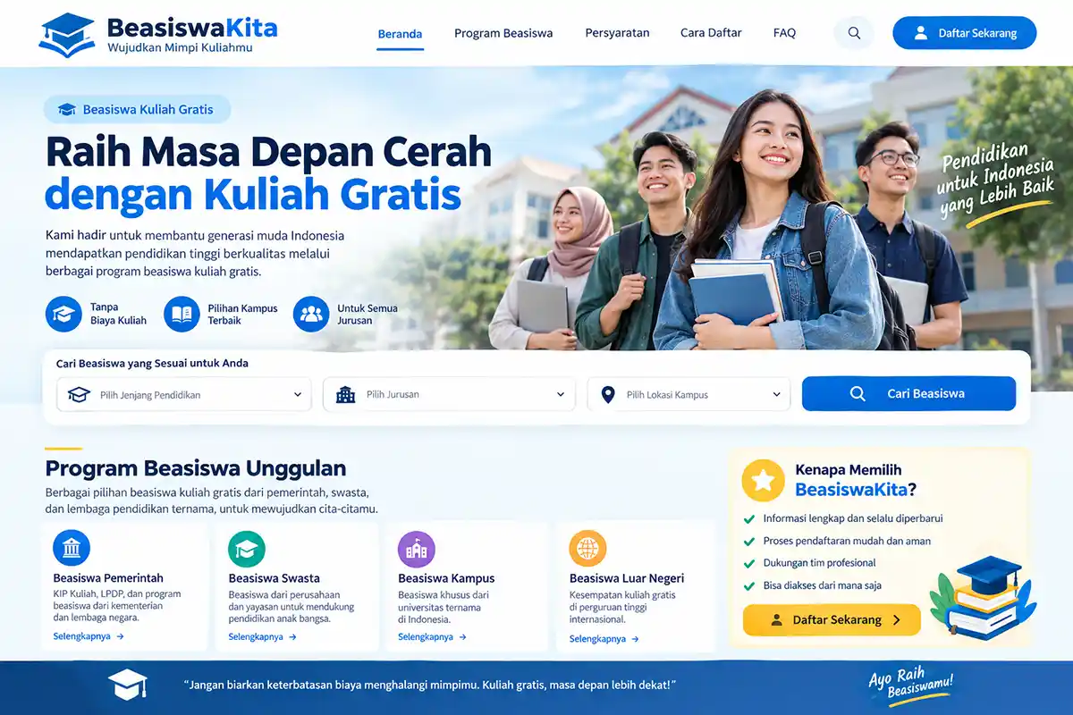 Tampilan antarmuka website penyedia portal beasiswa kuliah gratis lengkap dengan menu pencarian program.