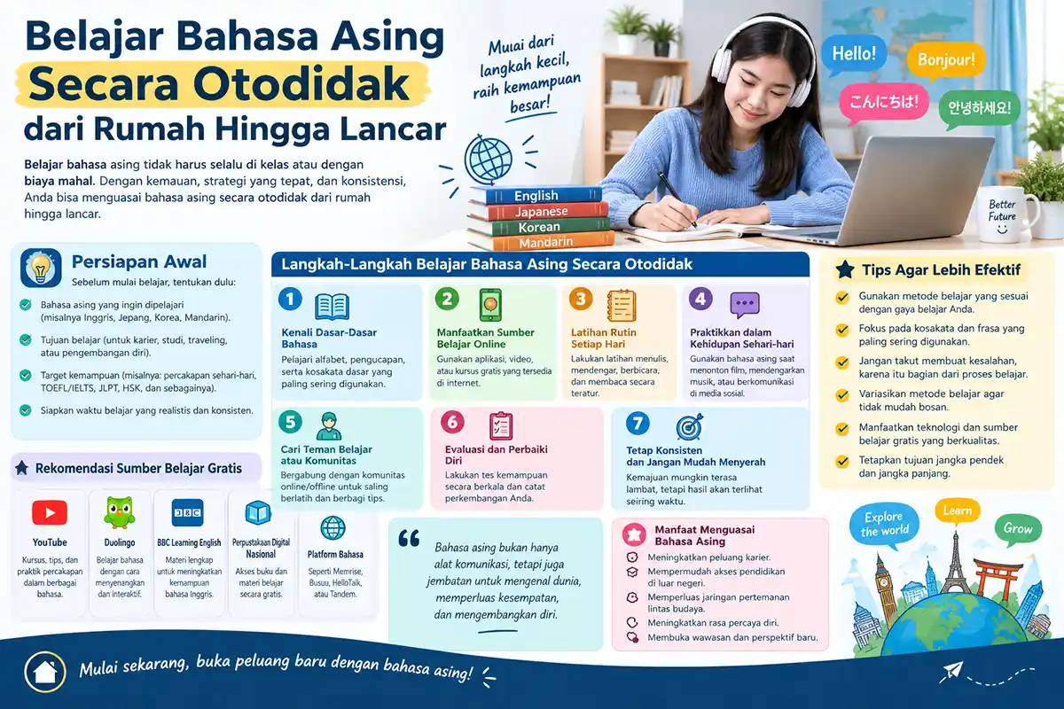 Infografis panduan dan langkah belajar bahasa asing secara otodidak dari rumah hingga lancar.