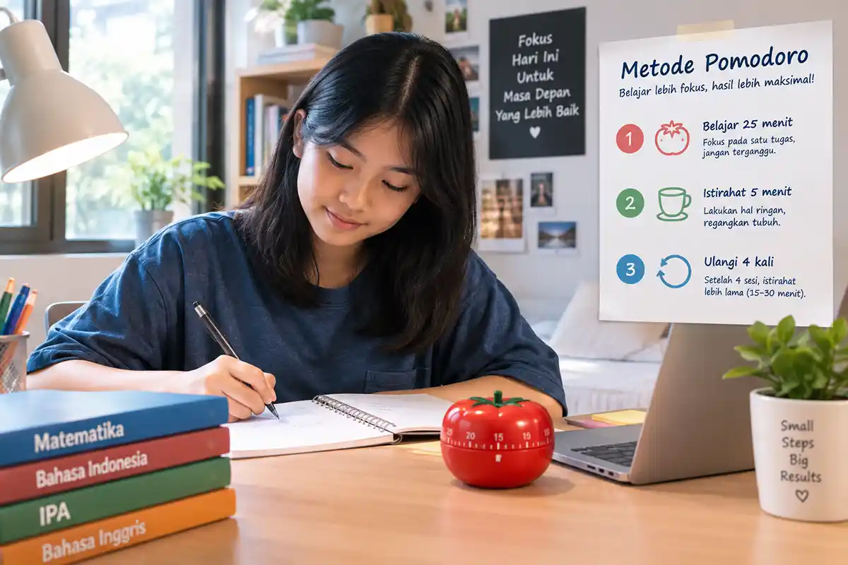 Remaja perempuan belajar fokus di meja dengan timer Pomodoro berbentuk tomat dan infografis metode Pomodoro di dinding.