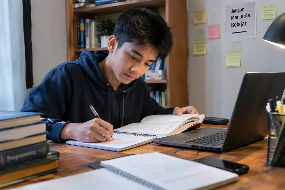 Seorang pemuda fokus mencatat materi belajar di buku samping laptop di ruang kerja rumah.