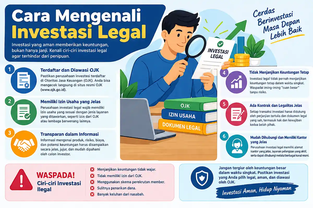 Infografis ciri-ciri investasi legal terdaftar OJK dan kewaspadaan terhadap investasi bodong.