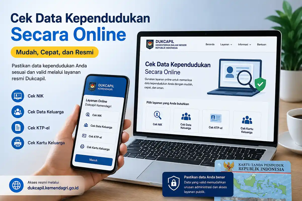 Panduan cek data kependudukan online lewat situs resmi Dukcapil menggunakan HP dan laptop.