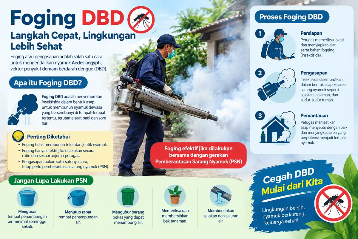 Infografis panduan fogging DBD meliputi definisi, proses pengasapan, dan langkah gerakan Pemberantasan Sarang Nyamuk (PSN).
