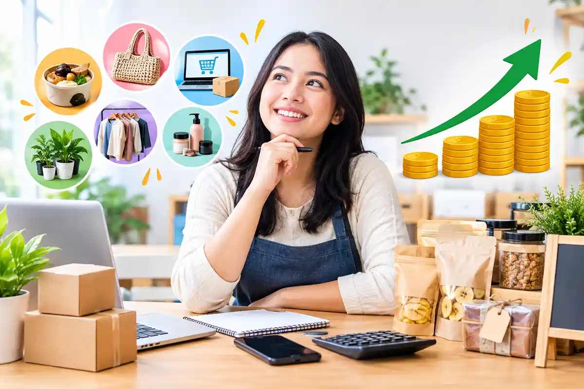 Seorang wanita berpikir membayangkan berbagai peluang ide bisnis modal kecil dan grafik keuntungan.