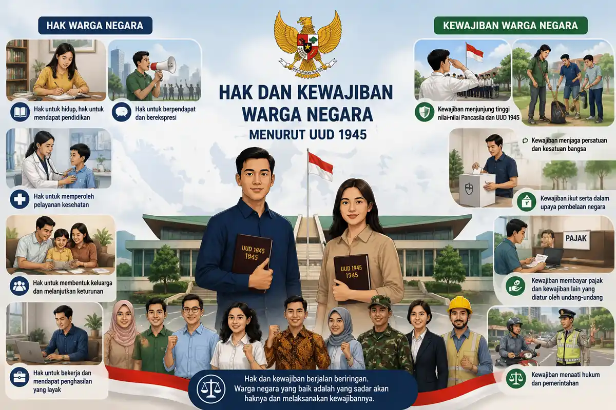 Infografis hak dan kewajiban warga negara menurut UUD 1945 lengkap dengan contoh pelaksanaannya.