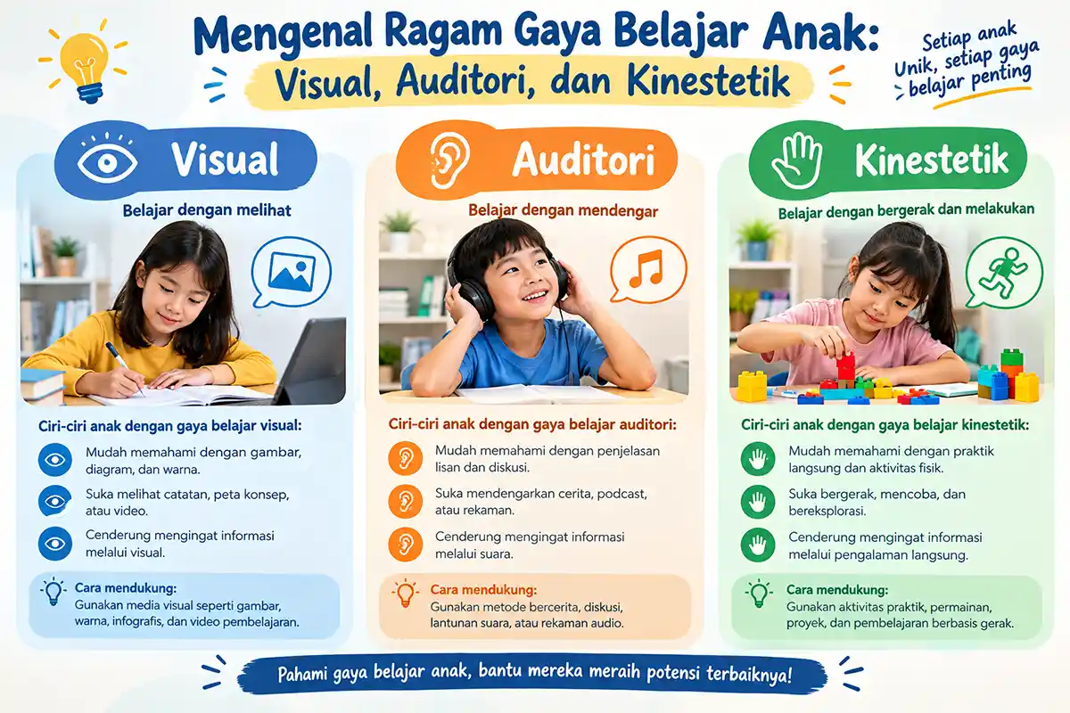 Infografis ragam gaya belajar anak meliputi visual, auditori, dan kinestetik beserta ciri-cirinya.