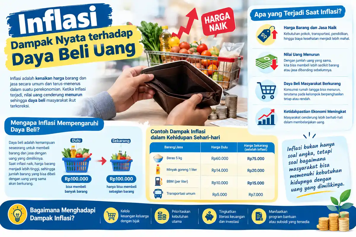 Infografis pengertian inflasi, dampak terhadap daya beli uang, dan contoh perubahan harga barang.