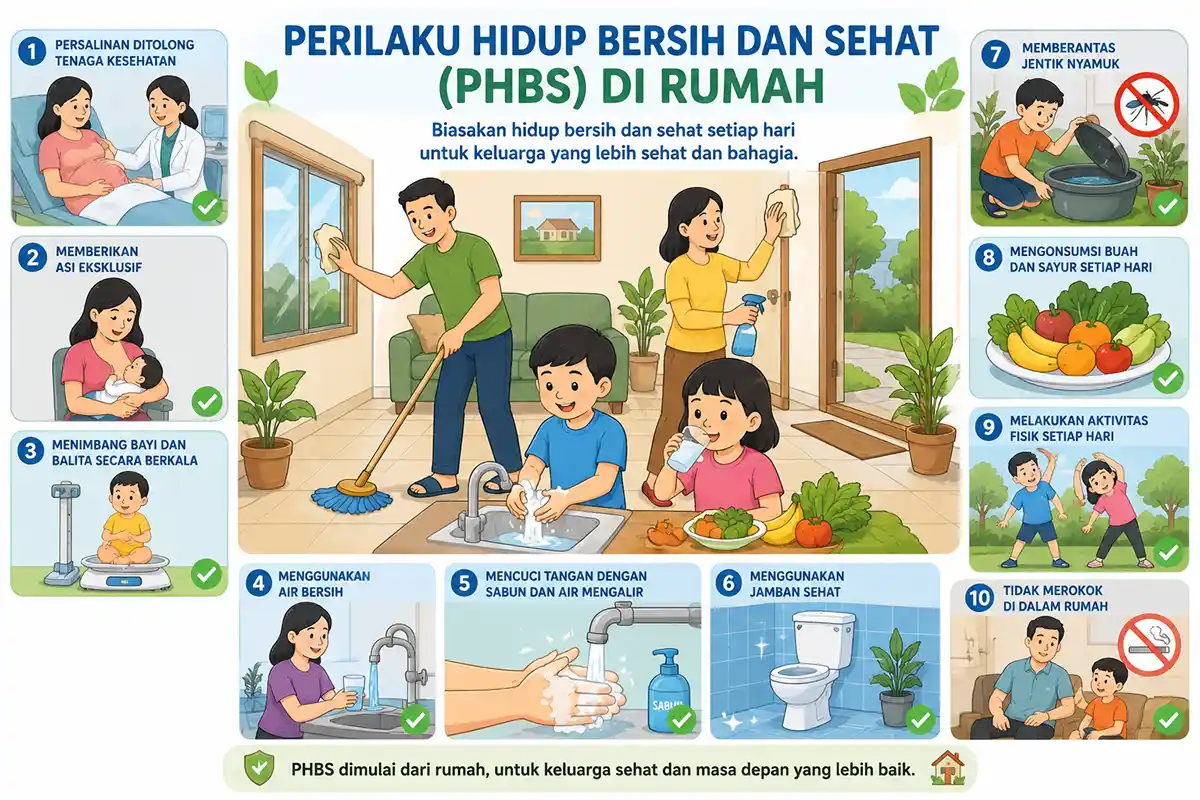 Infografis 10 Perilaku Hidup Bersih dan Sehat (PHBS) di rumah tangga.