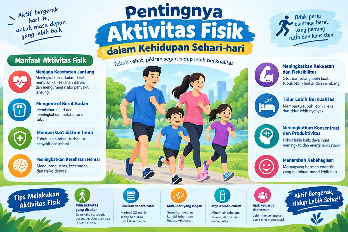 Infografis panduan pentingnya aktivitas fisik harian mencakup manfaat kesehatan dan tips penerapannya.