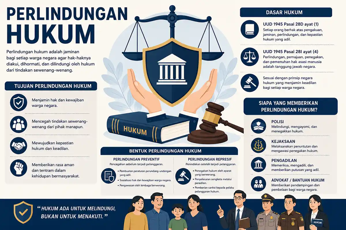 Infografis pengertian, tujuan, dasar hukum, dan contoh bentuk perlindungan hukum di Indonesia.
