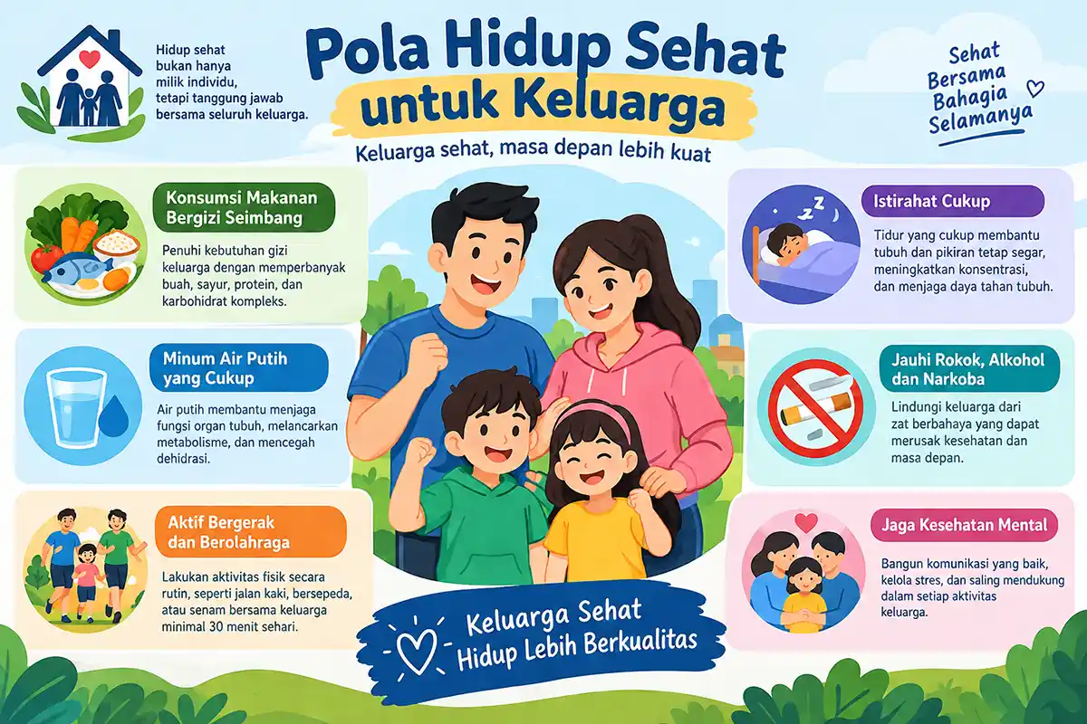 Infografis panduan pola hidup sehat untuk keluarga mencakup makanan bergizi, olahraga, dan istirahat.