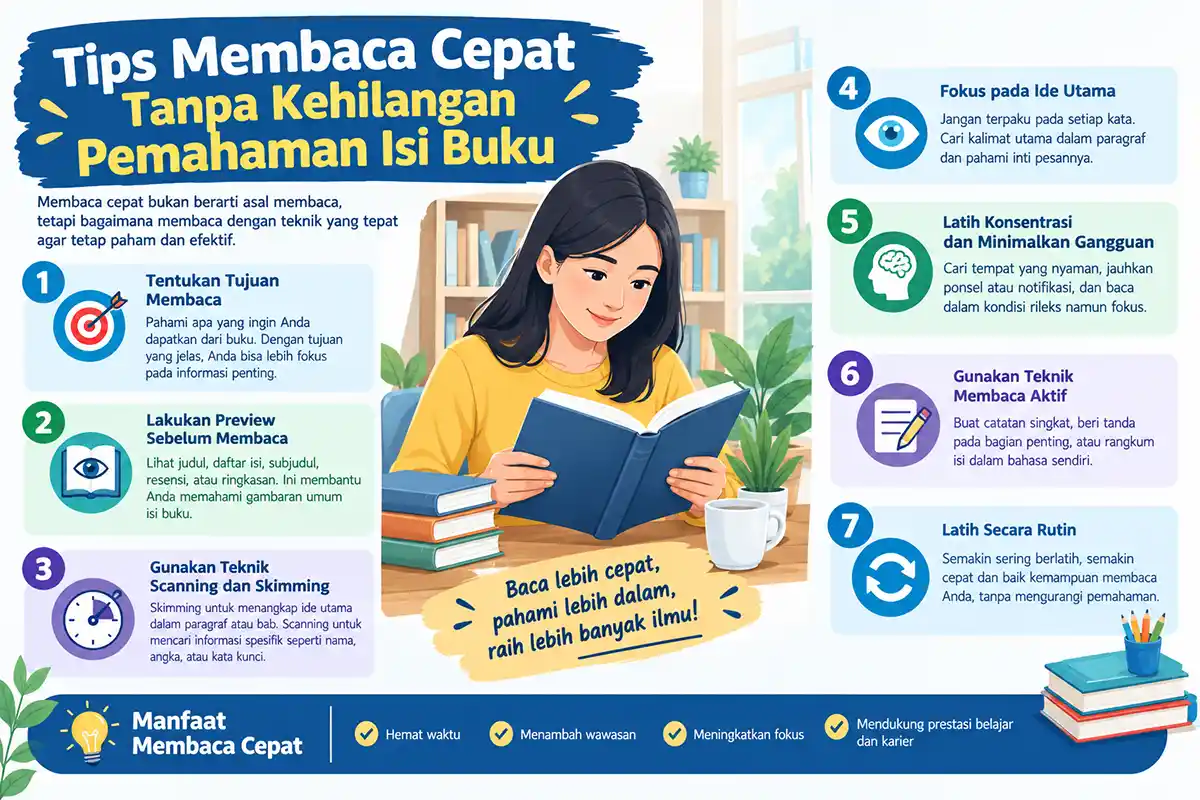 Infografis 7 tips membaca cepat tanpa kehilangan pemahaman isi buku dan manfaatnya.