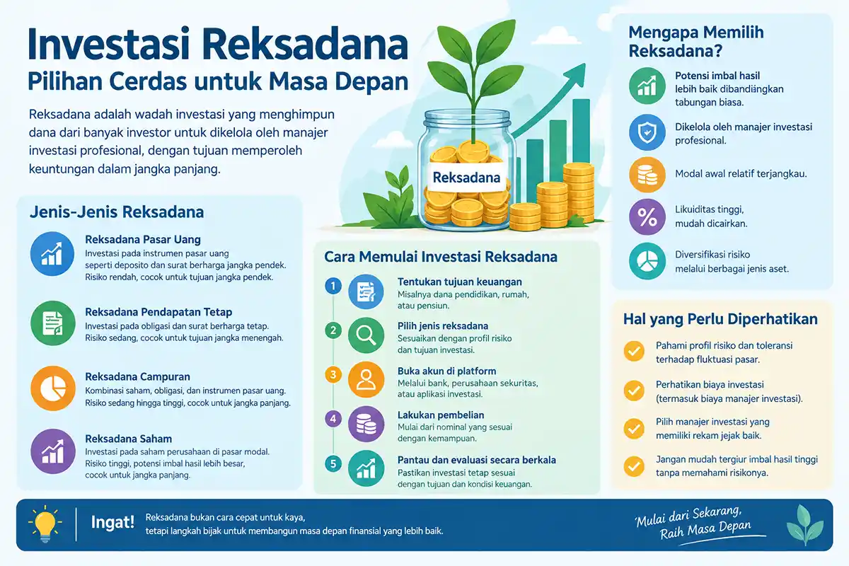 Infografis panduan investasi reksadana, jenis instrumen, dan cara memulainya untuk pemula.