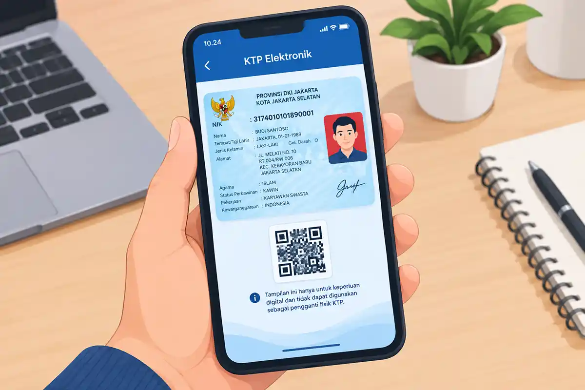 Seseorang memegang smartphone yang menampilkan Identitas Kependudukan Digital (KTP Elektronik) di meja kerja.