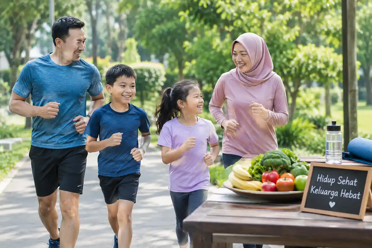 Satu keluarga berolahraga jogging bersama di taman yang asri.