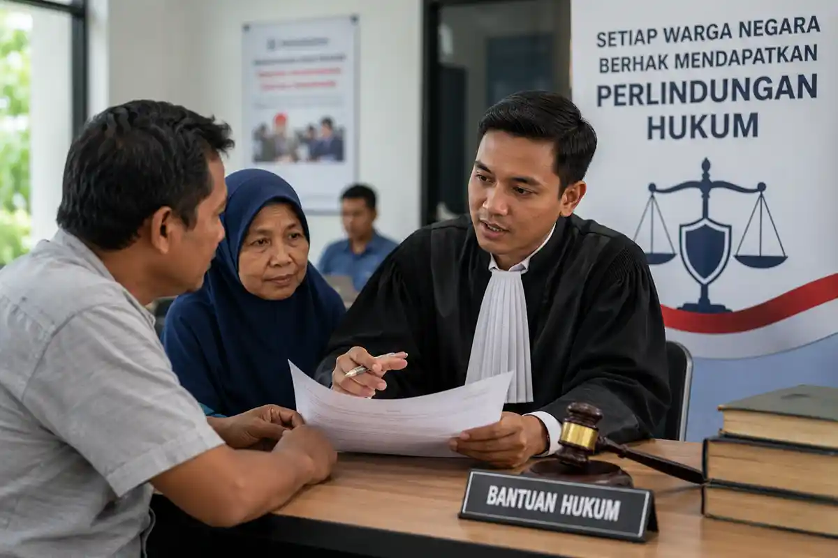 Seorang pengacara sedang memberikan konsultasi dan bantuan hukum kepada warga di kantor hukum.