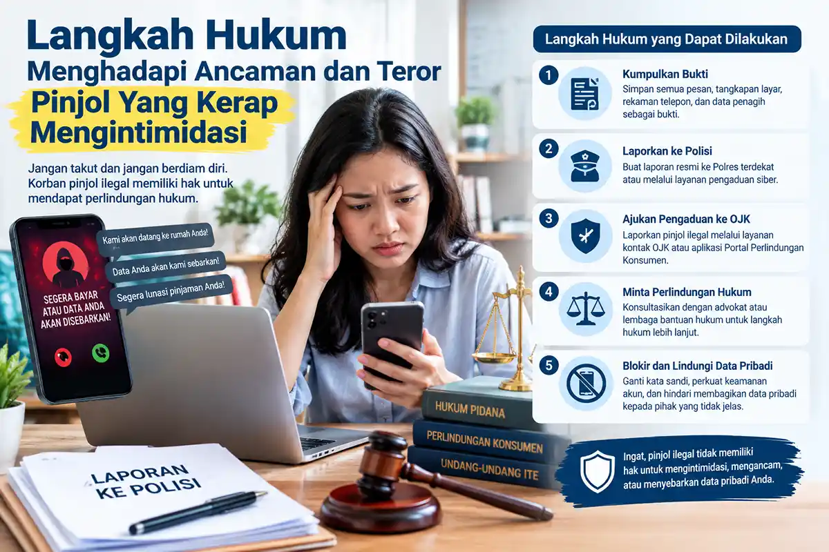 Infografis 5 langkah hukum menghadapi teror dan ancaman pinjaman online ilegal.