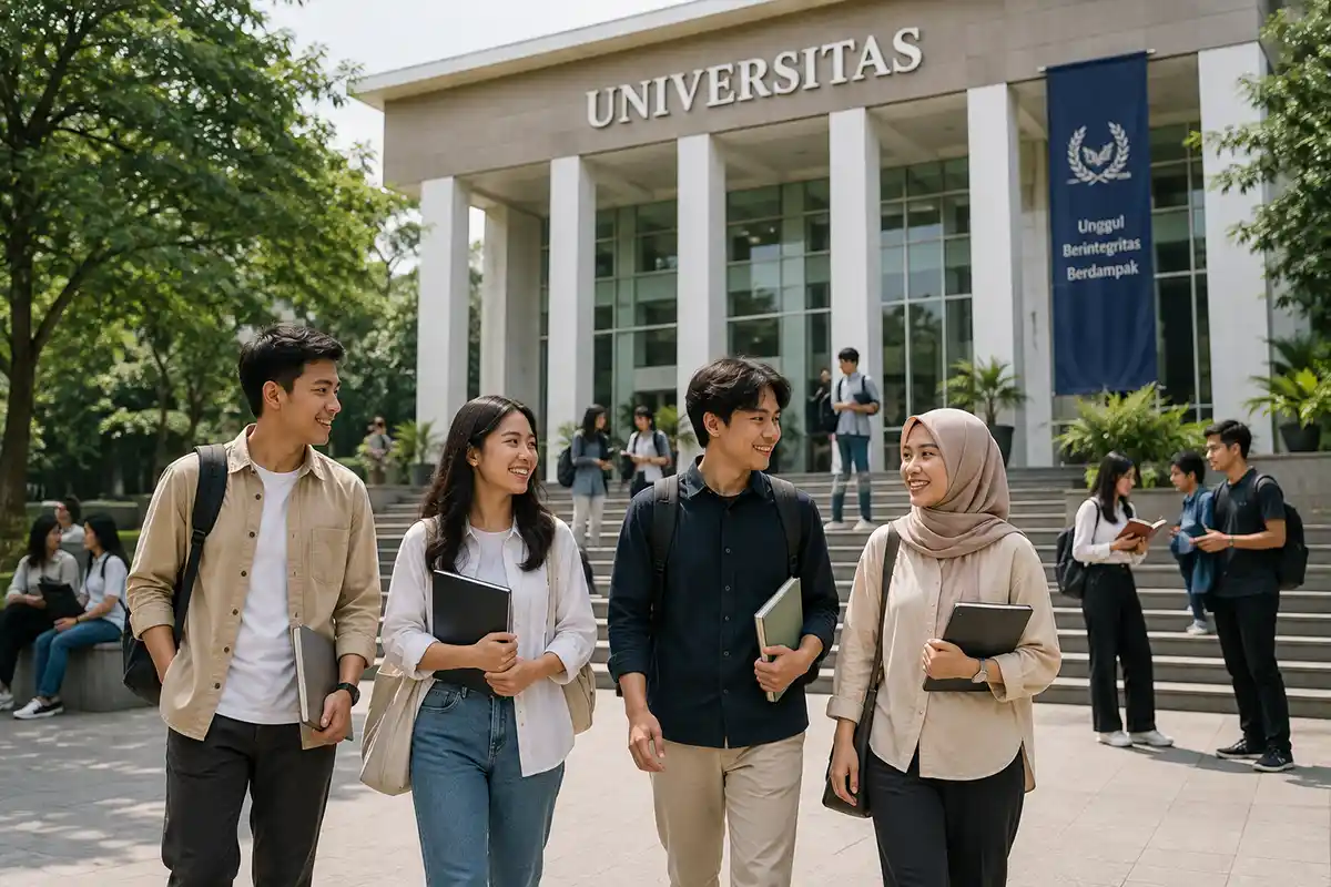 Sekelompok mahasiswa dan mahasiswi berjalan bersama sambil membawa dokumen dan buku di halaman gedung kampus.