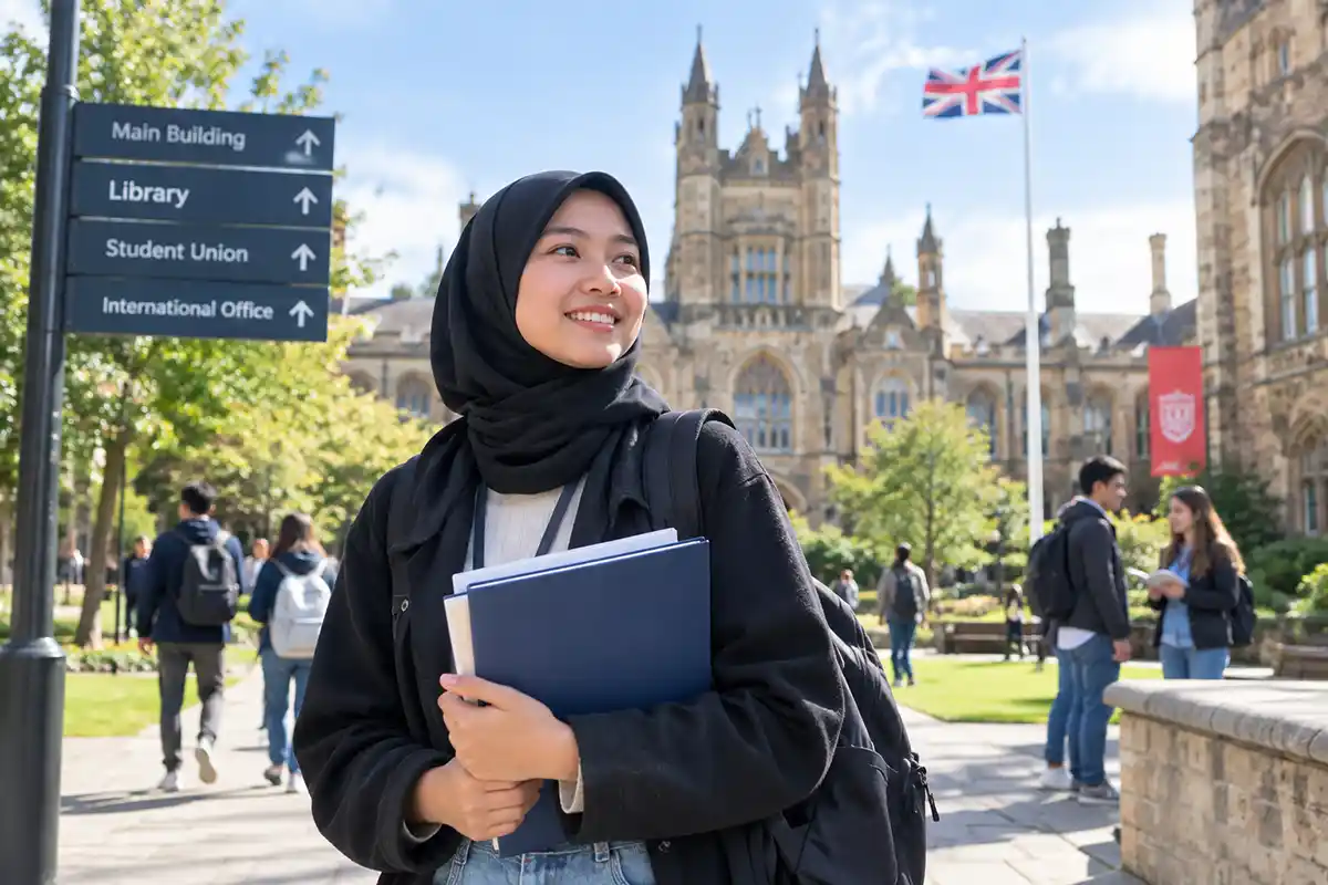 Mahasiswi berhijab membawa dokumen di area universitas bersejarah luar negeri.
