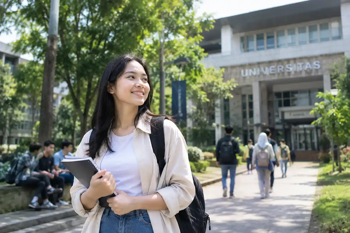 Seorang mahasiswi memegang buku catatan sambil tersenyum optimis di area gedung kampus universitas.