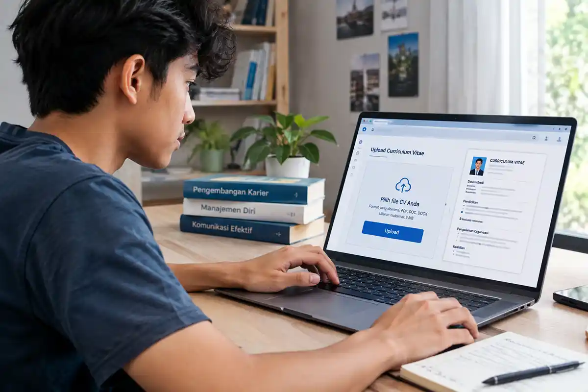 Seorang mahasiswa sedang menyiapkan dan mengunggah CV beasiswa melalui laptop di meja belajar.