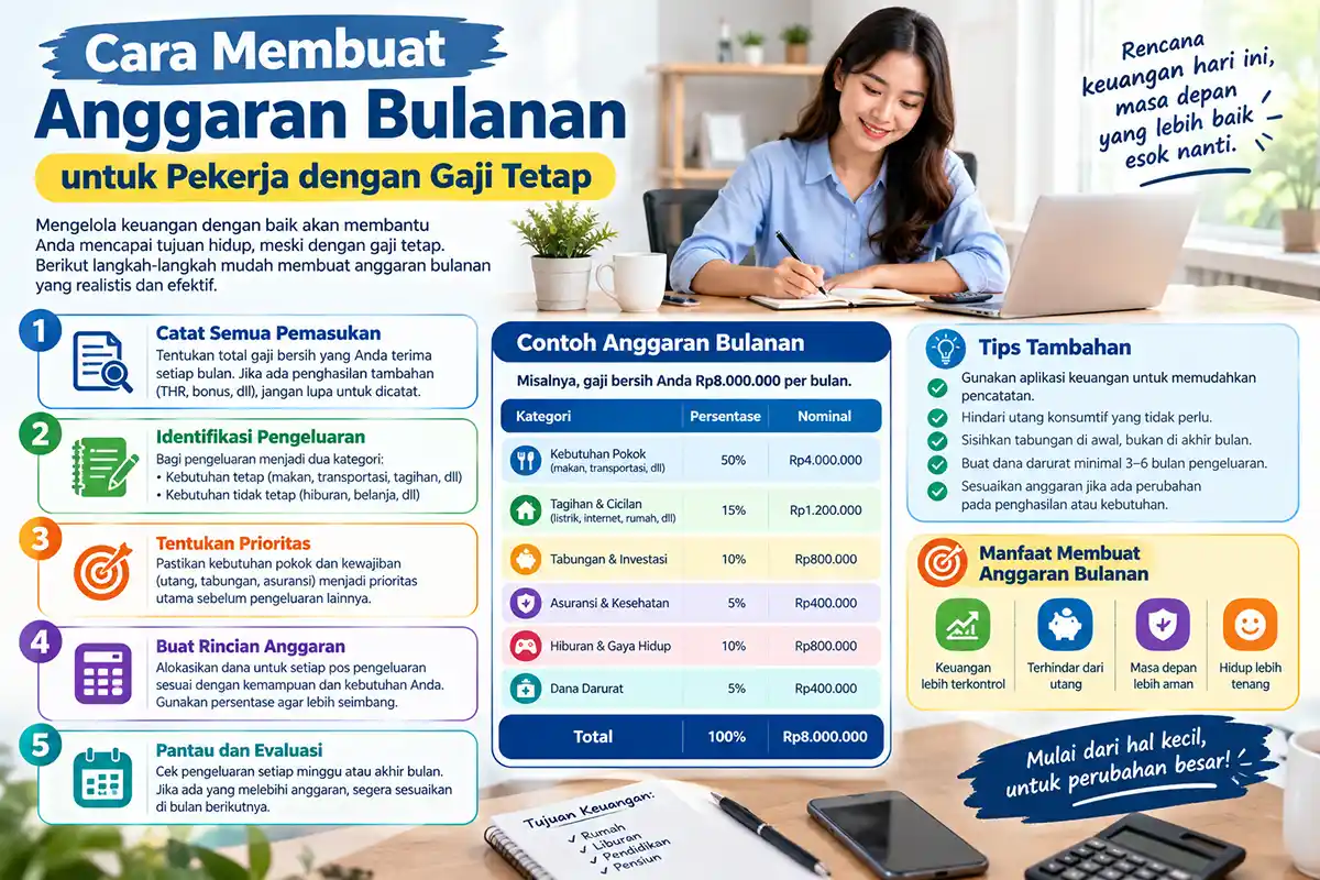 Infografis panduan cara membuat anggaran bulanan beserta contoh tabel pembagian persentase gaji.