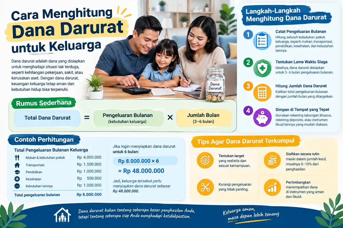 Infografis panduan dan simulasi contoh rumus cara menghitung dana darurat untuk keluarga.