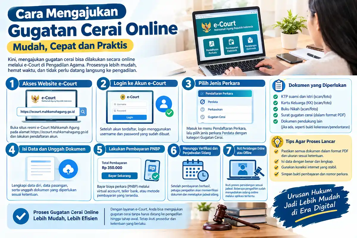Infografis tata cara mengajukan gugatan cerai online melalui e-Court beserta syarat dan biayanya.