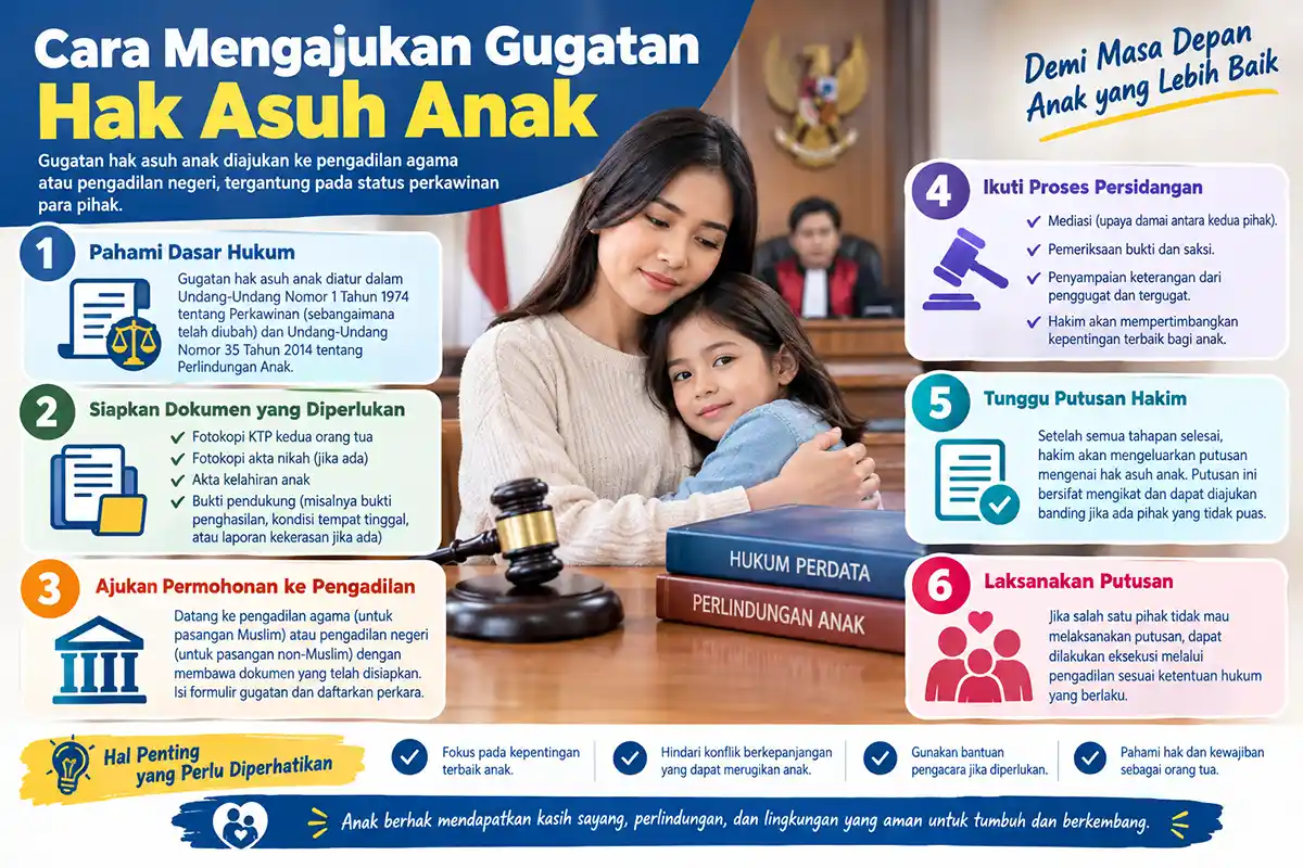 Infografis 6 langkah cara mengajukan gugatan hak asuh anak beserta syarat dokumen dan dasar hukumnya.
