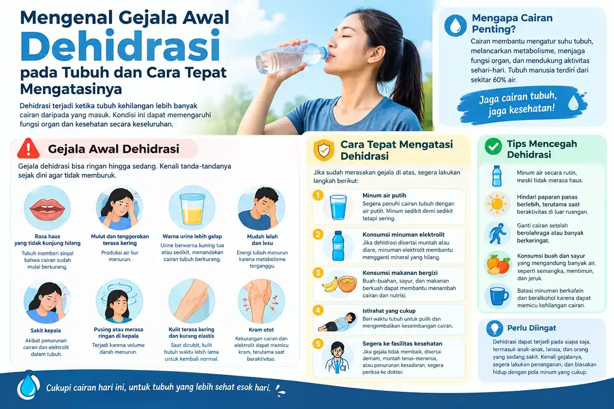 Infografis panduan mengenal gejala awal dehidrasi, cara mengatasi, dan tips pencegahannya.