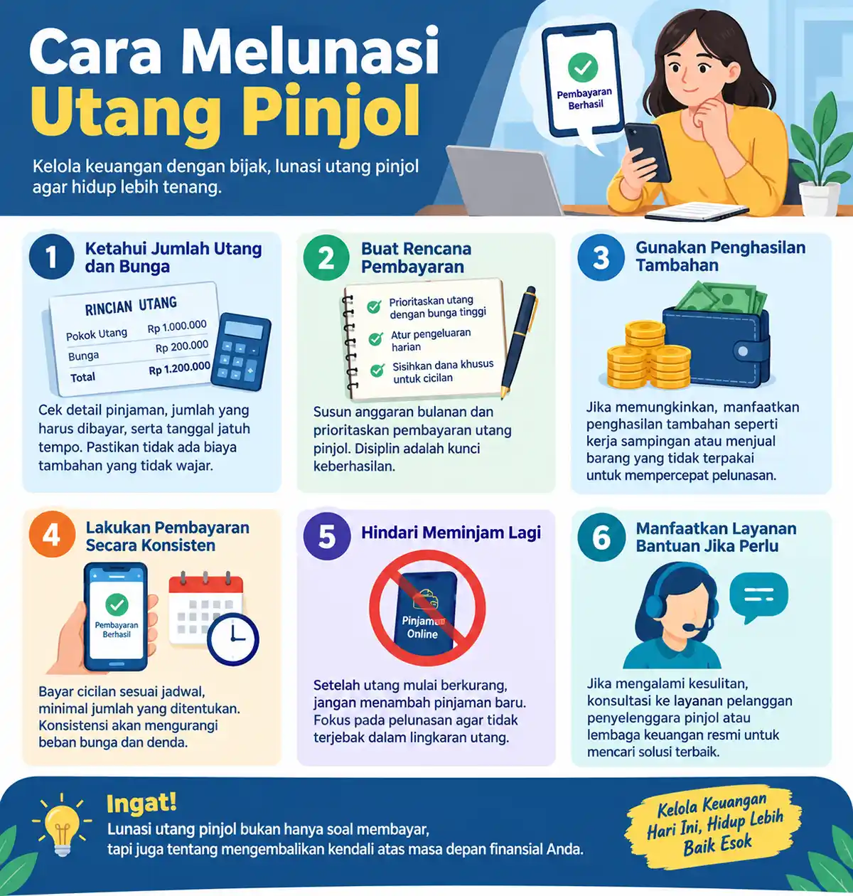Infografis 6 langkah cara melunasi utang pinjol secara bijak dan konsisten.