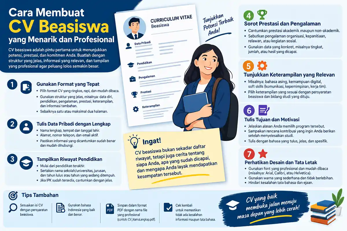 Infografis panduan cara membuat CV beasiswa yang menarik dan profesional.